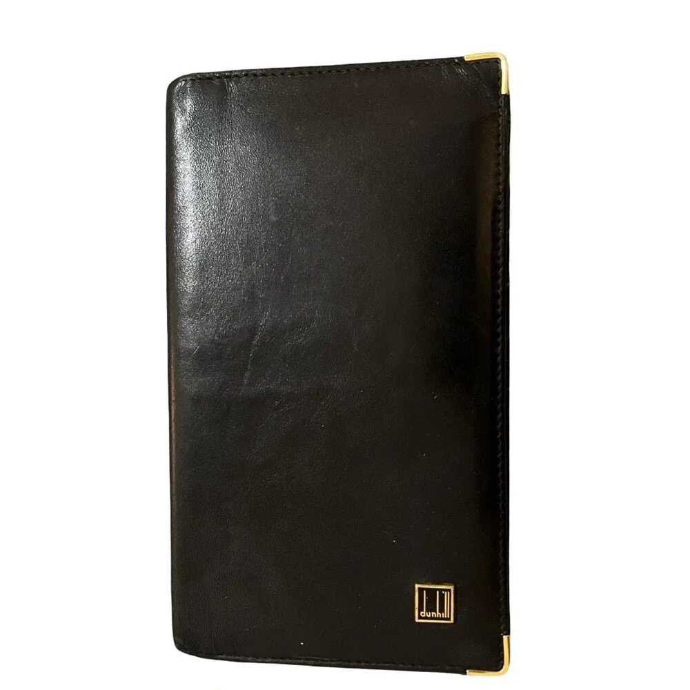 Dunhill Black Leather Bifold Card Wallet Unisex Gold Hardware